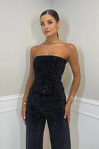 Women's Glamorous Strapless Sequin Crop Top and High-Waisted Jeans Set