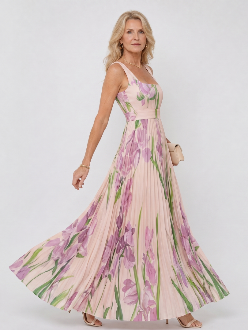 Floral Print Pleated Sleeveless Square Neck Midi Dress