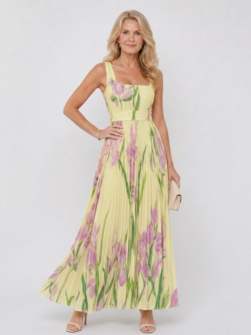 Floral Print Pleated Sleeveless Square Neck Midi Dress