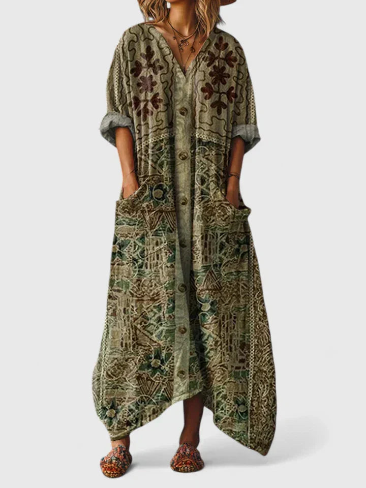 Women’s Bohemian Elegance Dress with Pockets and Vintage Print