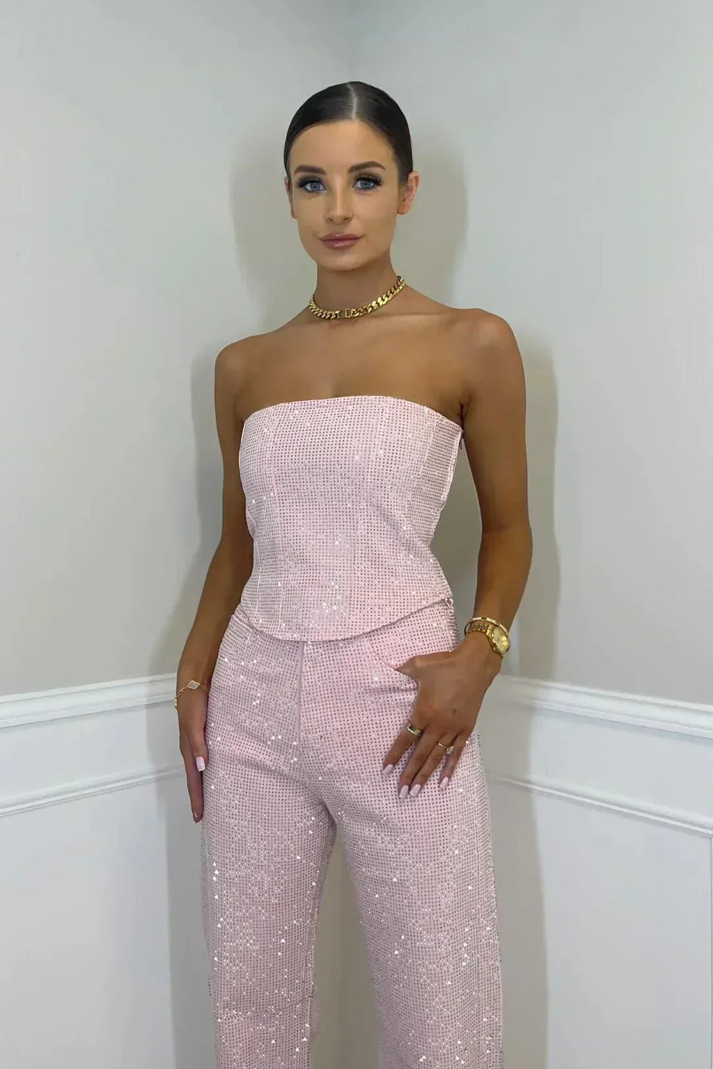 Women's Glamorous Strapless Sequin Crop Top and High-Waisted Jeans Set