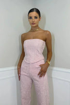 Women's Glamorous Strapless Sequin Crop Top and High-Waisted Jeans Set