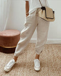 Women's Tapered Trousers with Drawstring Waist and Turn Up Hem