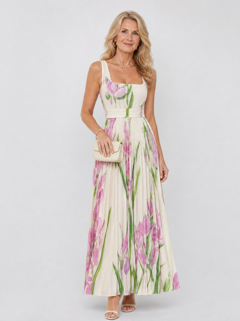 Floral Print Pleated Sleeveless Square Neck Midi Dress