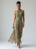 Gathered Floral Halter Midi Dress