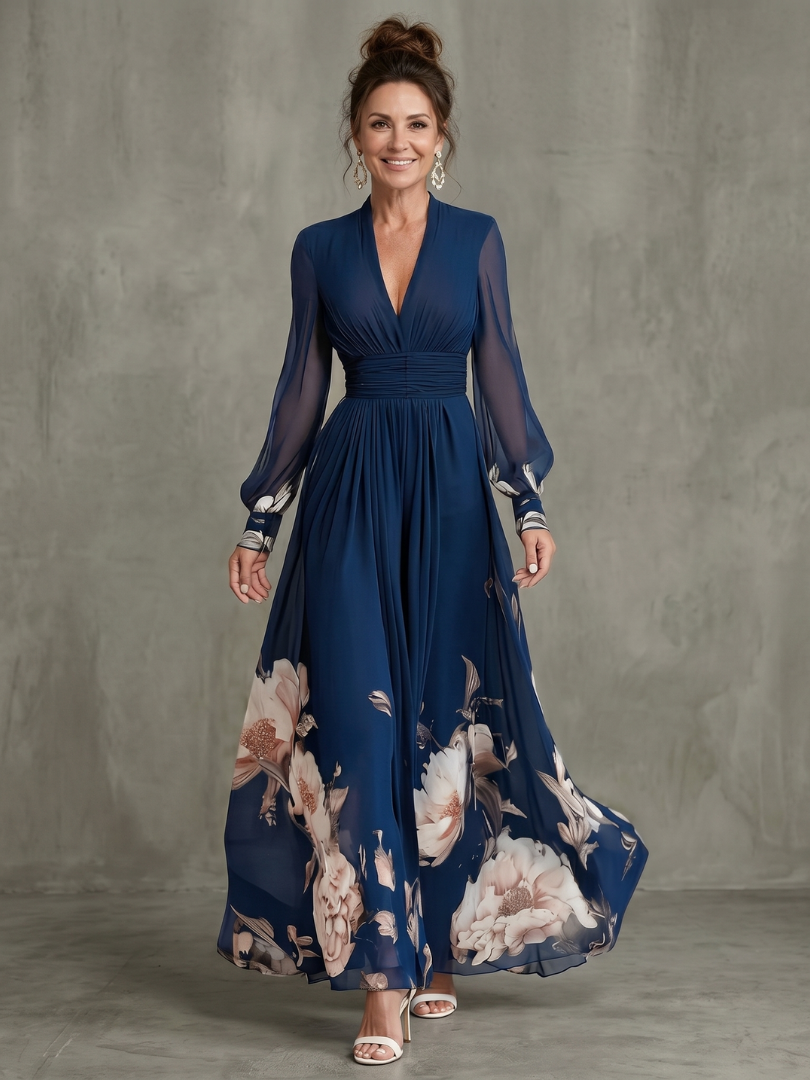 Pleated Sheer Sleeve Maxi Dress with V Neckline and Defined Waist