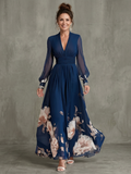 Pleated Sheer Sleeve Maxi Dress with V Neckline and Defined Waist