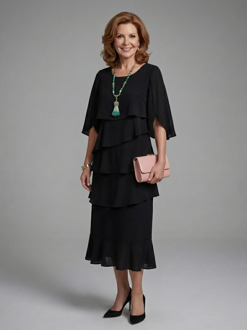 Layered Cape Sleeve Midi Dress with Relaxed Silhouette