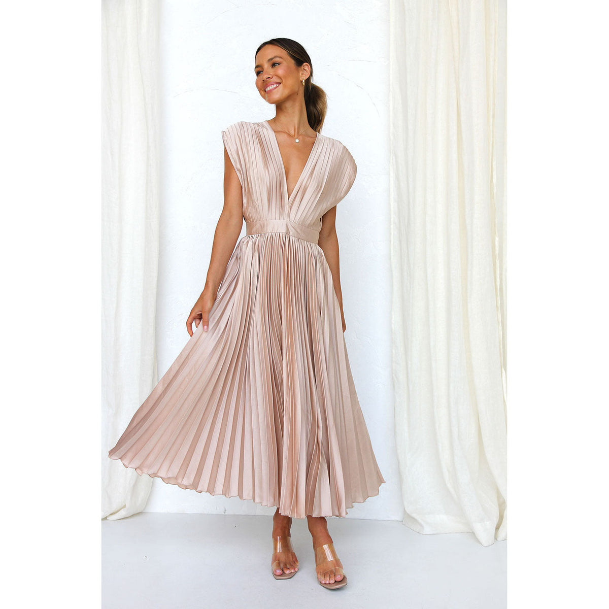 Women's Refined Pleated Midi Dress with Flattering V-neck