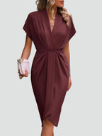 Chic Midi Wrap Dress with V-Neckline and Defined Waist