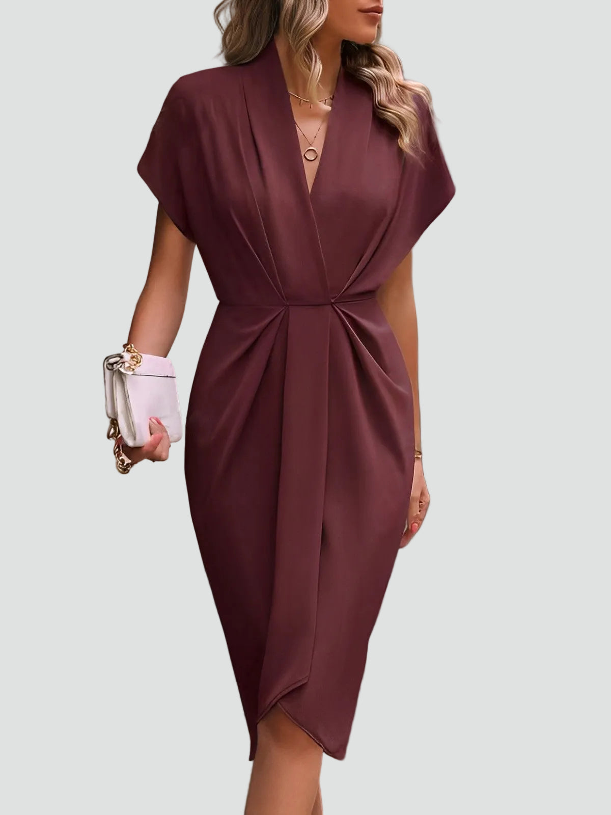 Chic Midi Wrap Dress with V-Neckline and Defined Waist