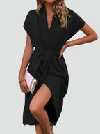 Chic Midi Wrap Dress with V-Neckline and Defined Waist