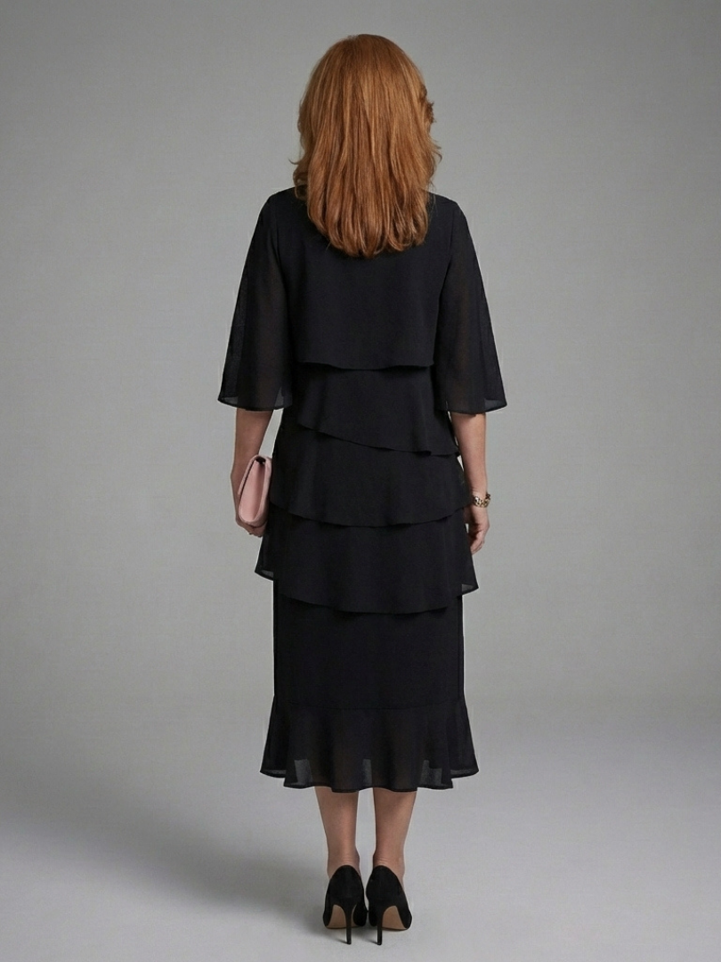Layered Cape Sleeve Midi Dress with Relaxed Silhouette