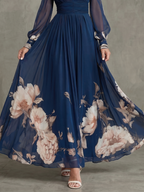 Pleated Sheer Sleeve Maxi Dress with V Neckline and Defined Waist
