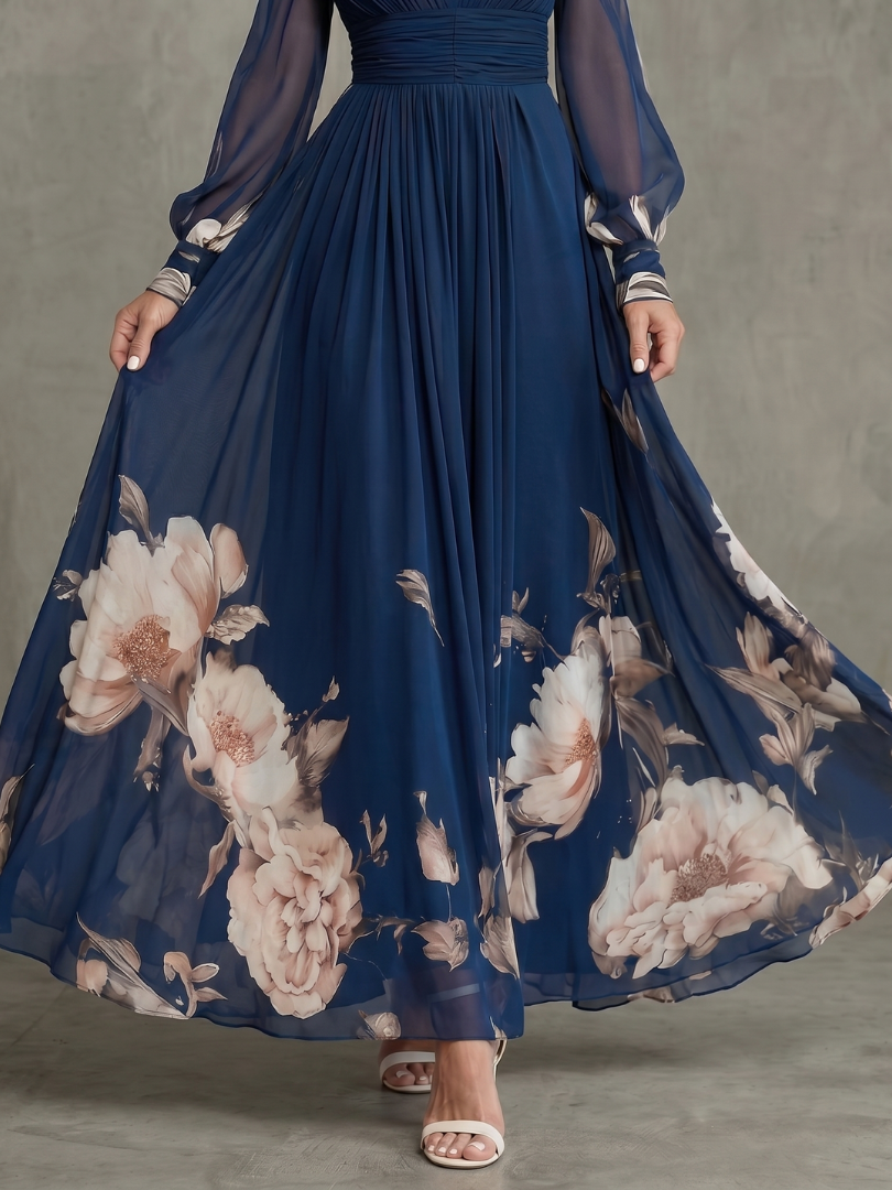 Pleated Sheer Sleeve Maxi Dress with V Neckline and Defined Waist