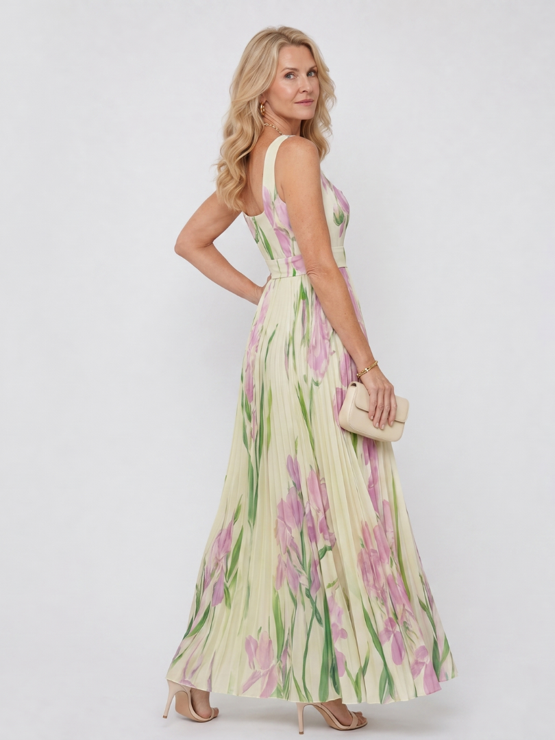 Floral Print Pleated Sleeveless Square Neck Midi Dress