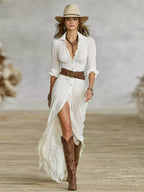 Elegant Long Belted Dress with Pleated Lapels