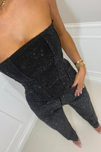 Women's Glamorous Strapless Sequin Crop Top and High-Waisted Jeans Set
