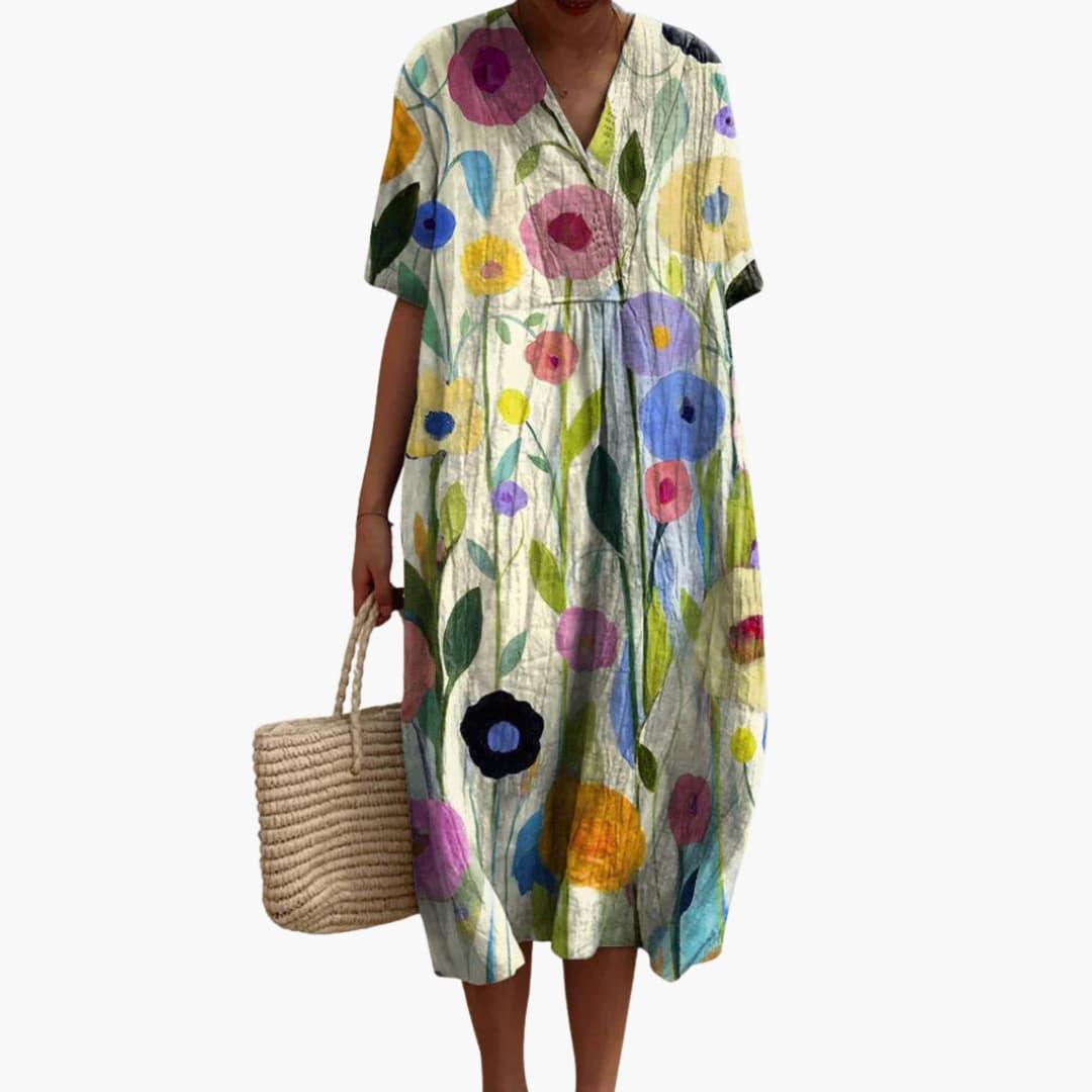 Floral Print Midi Dress with V-Neck and Short Sleeves for Summer Wear