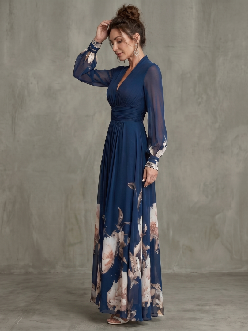 Pleated Sheer Sleeve Maxi Dress with V Neckline and Defined Waist