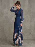 Pleated Sheer Sleeve Maxi Dress with V Neckline and Defined Waist