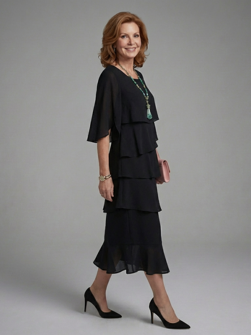 Layered Cape Sleeve Midi Dress with Relaxed Silhouette