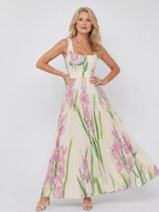 Floral Print Pleated Sleeveless Square Neck Midi Dress