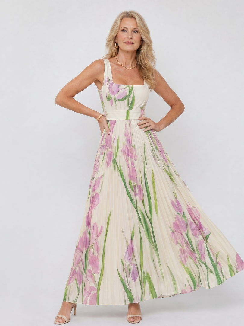 Floral Print Pleated Sleeveless Square Neck Midi Dress