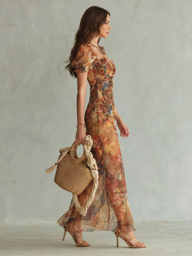 Ruffled Sleeve Ruched Midi Dress with Front Slit