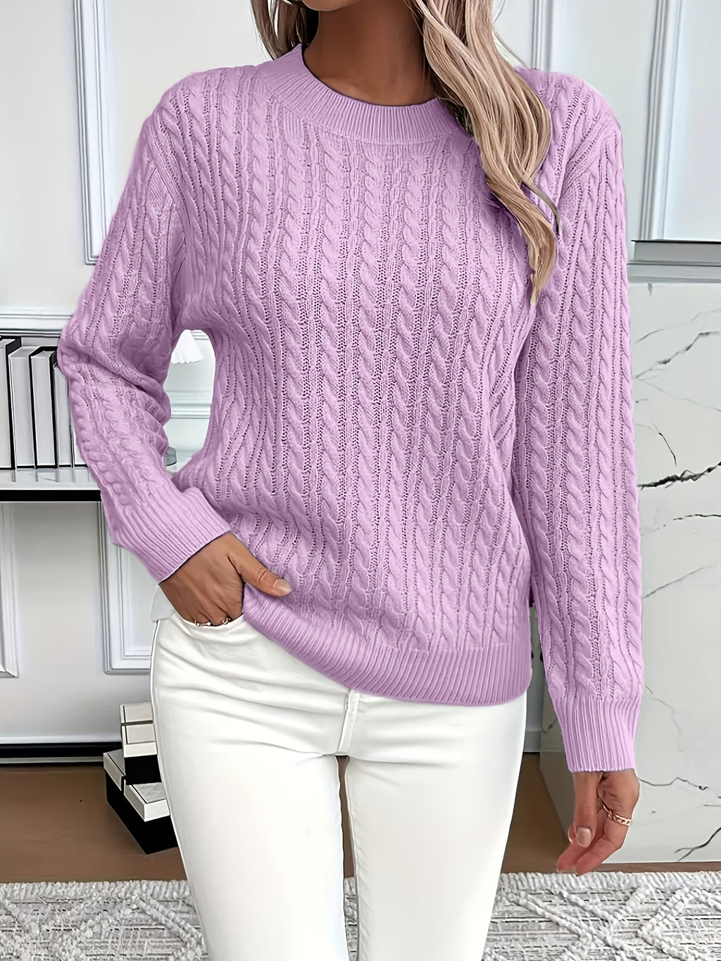 Women's Relaxed Fit Cable-Knit Jumper with Round Neck