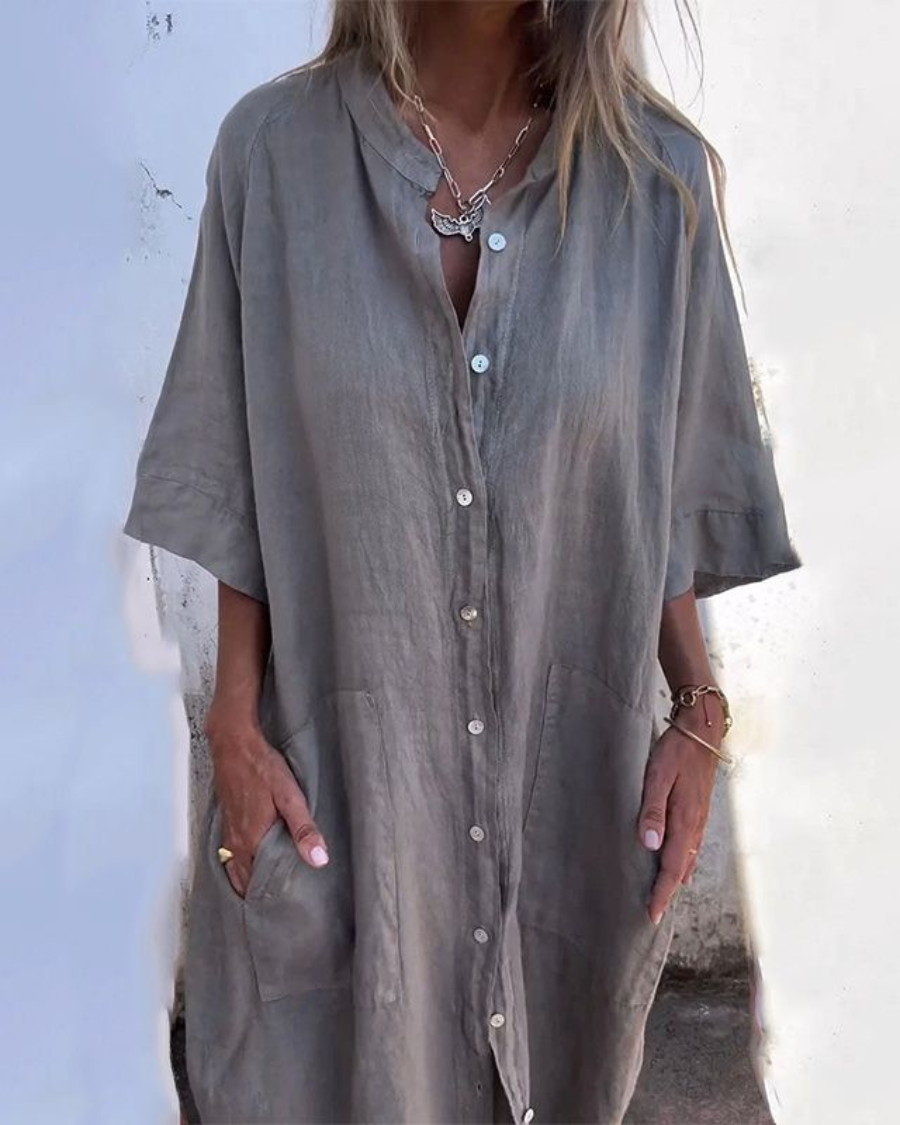 Relaxed Fit Midi Shirt Dress with Pockets