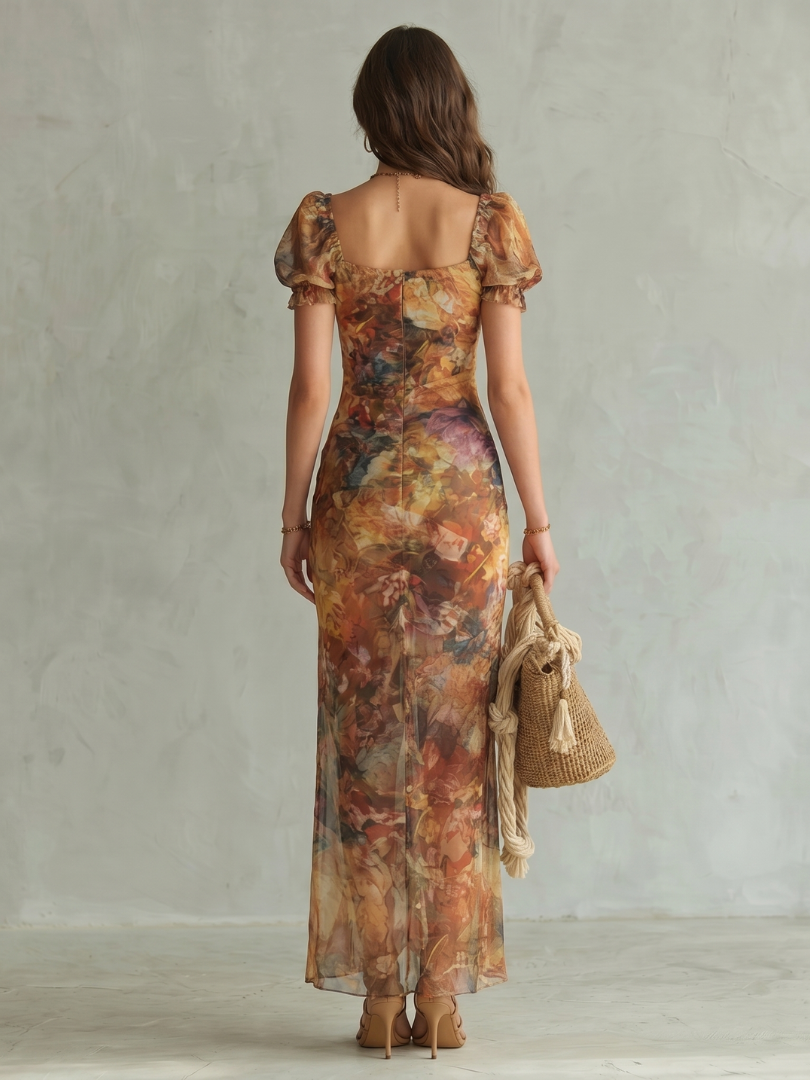 Ruffled Sleeve Ruched Midi Dress with Front Slit
