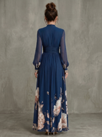 Pleated Sheer Sleeve Maxi Dress with V Neckline and Defined Waist