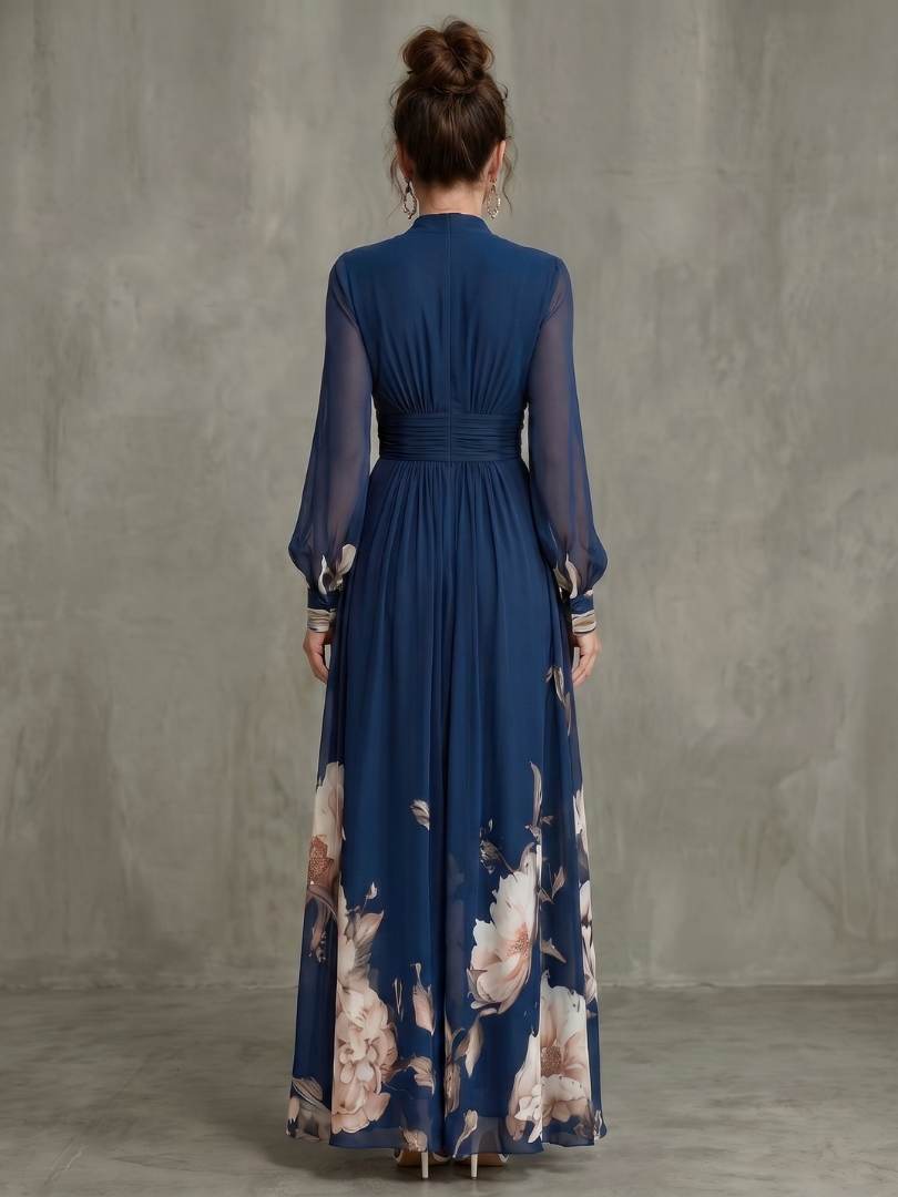 Pleated Sheer Sleeve Maxi Dress with V Neckline and Defined Waist