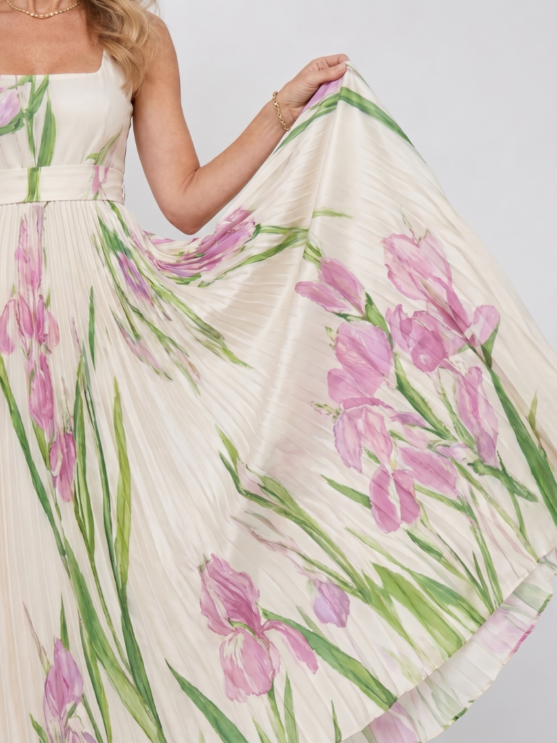 Floral Print Pleated Sleeveless Square Neck Midi Dress