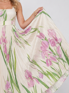Floral Print Pleated Sleeveless Square Neck Midi Dress