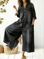Wide-Leg Long Sleeve Jumpsuit with Button Front