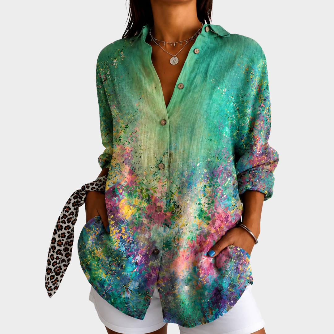 Women's Vibrant Emerald Meadow Art Blouse for Effortless Style