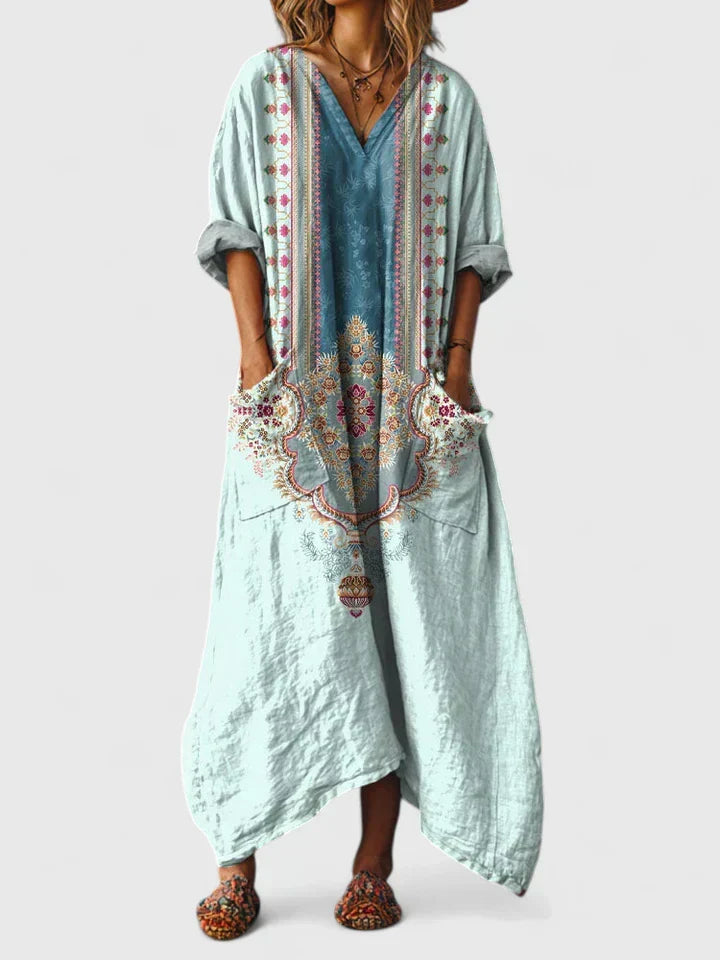 Women’s Bohemian Elegance Dress with Pockets and Vintage Print