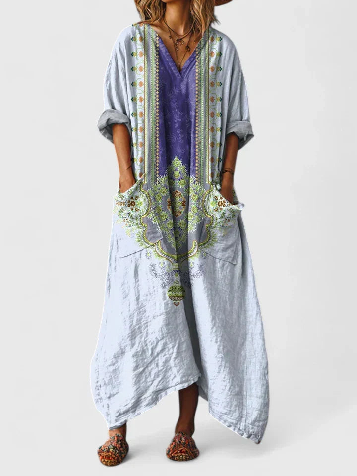Women’s Bohemian Elegance Dress with Pockets and Vintage Print