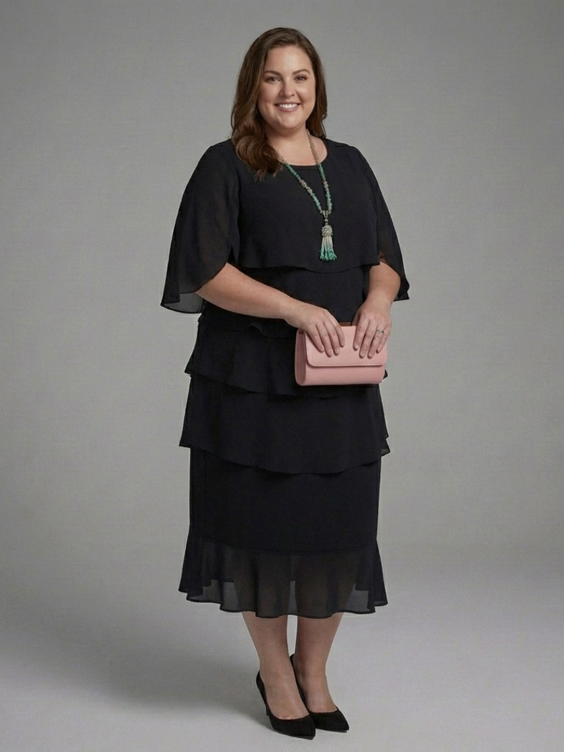 Layered Cape Sleeve Midi Dress with Relaxed Silhouette