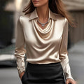Elegant Satin Waterfall Neck Blouse with Long Sleeves for Women