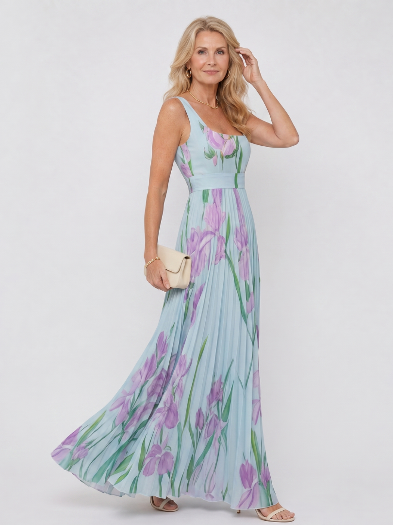 Floral Print Pleated Sleeveless Square Neck Midi Dress