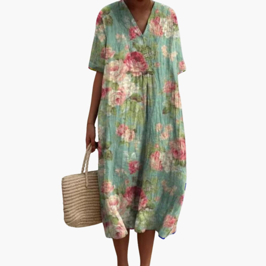 Floral Print Midi Dress with V-Neck and Short Sleeves for Summer Wear