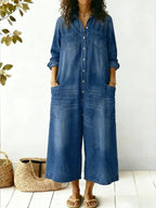 Wide-Leg Long Sleeve Jumpsuit with Button Front