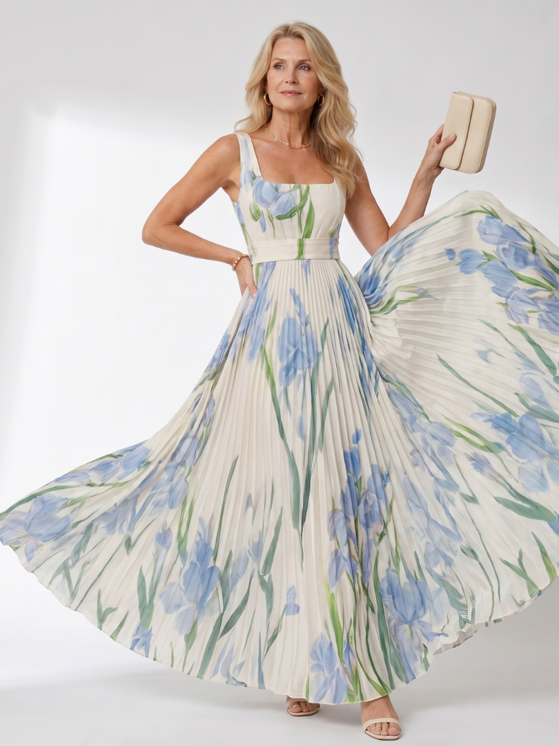Floral Print Pleated Sleeveless Square Neck Midi Dress