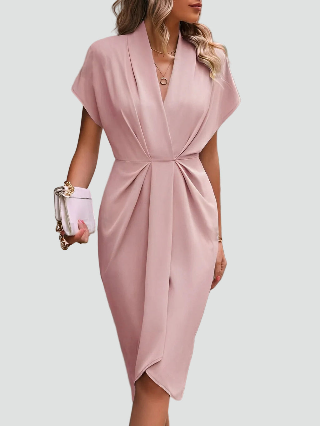 Chic Midi Wrap Dress with V-Neckline and Defined Waist