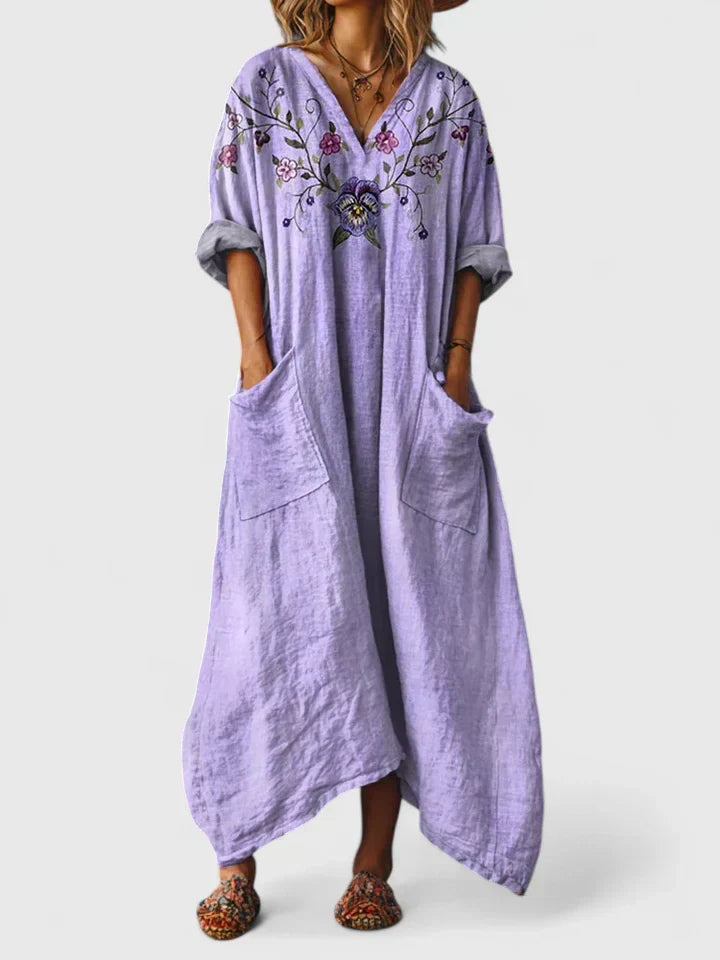 Women’s Bohemian Elegance Dress with Pockets and Vintage Print