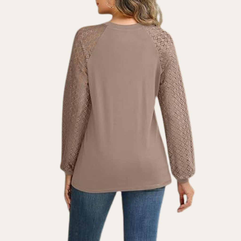 Women's Blouse with Elegant Lace Sleeves and Pleated Neckline