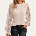 Women's Blouse with Elegant Lace Sleeves and Pleated Neckline
